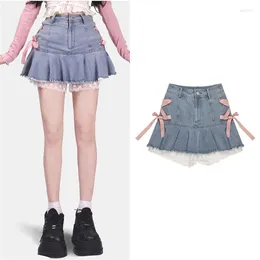 Skirts Pink Strappy Denim Women 2024 Summer Elegant Sexy Girl White Lace Stitching Miniskirt Ins Casual Sweet A-line Skirt