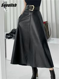 Seoulish Classic Black Faux PU Leather Long Skirts with Belted High Waist Umbrella Ladies Female Autumn Winter 240112