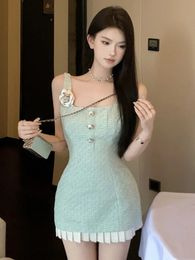 Korean Sweet Small Fragrance Tweed Dresses For Women French Fashion 3D Flower Summer Dress sweet Sexy Tank Party Dress 240112