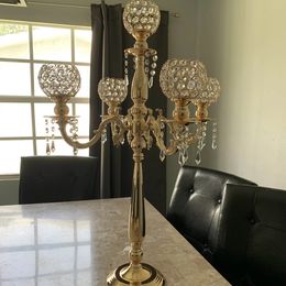 Wedding gold metal crystal Flower Stand Centerpieces Table Top Decor Clear gold metal Display Pillar Gold Candelabrum Stand Pillar Candlestick Wedding