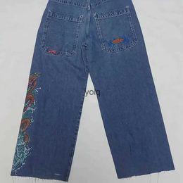 Jeans da donna JNCO Modello grande stampato Lettera Ricamo Blu Retro Y2K Jeans larghi Jeans lavati a vita alta Pantaloni a gamba dritta