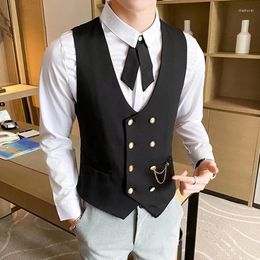 Men's Vests Luxury Golden Chain Mens Suit Vest Business Formal Slim Gold Double Breasted Men Waistcoat Plus Size Wedding Blazer Gilet Homme