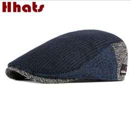 Knitted Beret Hat High Quality Winter Flat Cap Vintage Thicken Warm Cabbie Ivy Cap Patchwork Retro Peaked Hat bill Bone1105332