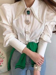 Circyy Women Shirts French Vintage Blouse Spring Button Up Shirt Pointed Collar Long Puff Sleeve Pearl Button Slim White Tops 240112