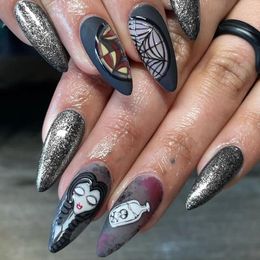 False Nails Halloween Dark Sweet Cool Girl Wear Nail Art Spider Web Matte Fake