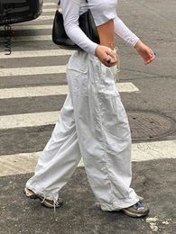Sweetown Casual Baggy Wide Leg Sweatpants White Loose Drawstring Low Waist Streetwear Cargo Pants Womens Hippie Joggers Trousers 240112
