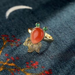 Cluster Rings Original Creative S925 Sterling Silver Inlaid Natural South Red Agate Goldfish Opening Adjustable Personality Ladies Ring