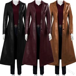 Jacket Long Women's Clothing Streetwear Solid Colour Steampunk Gothic Lapel Biker Jacket S-5XL Woman Faux Leather Trench Coat 240112