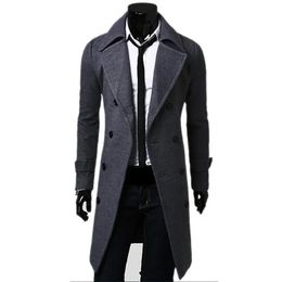 Trench da uomo doppio petto misto lana autunno inverno solido casual slim fit giacca lunga moda abbigliamento 240113