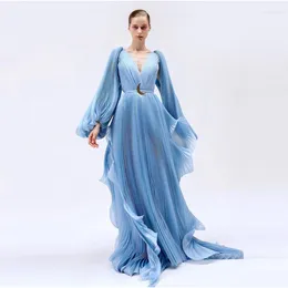 Casual Dresses Chic Style Blue Pleats Prom Gown 2024 Formal Party Ruffled Puffy Long Sleeves Celebrity Event Dress Vestidos De Fiesta