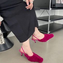 Dress Shoes 2024 Fur Women High Heels Autumn Fad Goth Cotton Slippers Square Toe Plush Warm Flip Flop Pumps Casual Boots