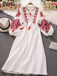 EWQ Sweet Style Y2K Women Nice Foreve Dress Embroidery O-neck Bandage Long-sleeve White Dresses Womens Spring Summer 240112