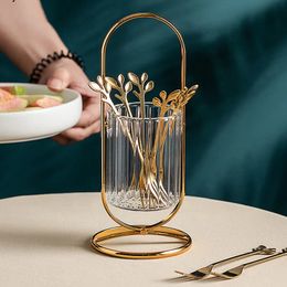 European Household Gold Frame Fork Storage Stainless Steel Small Spoon Chopstick Glass Storage Box Dining Table Kitchen Utensils 240113