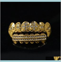 Hip Hop Teeth Gold Silver Plated Crystal 6 Top Bottom Faux Tooth Braces Rapper Body Jewelry Unisex Ngywc Grillz Wicjr3672111