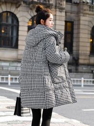 Women's Trench Coats 2024 Winter Cotton Coat Mid Length Thousand Bird Checker Loose And Thickened Large Pocket Drawable Waist