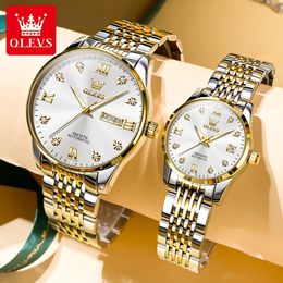 OLEVS Fashion Couple Mechanical Watches for Men and Women Stainless Steel Wrist Watch Waterproof Luminous Hands Valentine Gift 240112