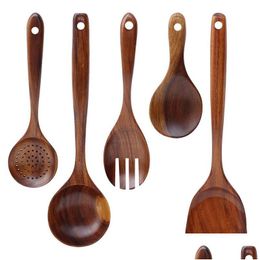 Spoons Japanese Spoon Teakwood Wooden Tableware Soup Frying Rice Seasoning Spoons Long Handle Colander Pot Drop Delivery Home Garden K Dhyqk