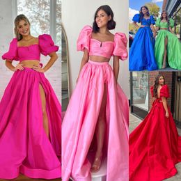 2-Piece Taffeta Formal Party Dress 2k24 Ballon Sleeves Lady Pageant Prom Evening Special Occasion Gala Cocktail Red Carpet Runway Gown Photoshoot Slit Fuchsia Green