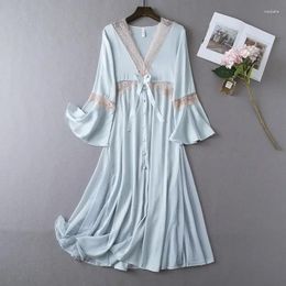 Women's Sleepwear Dressing Home Sleeve Female V-neck Nightwear Loungewear Long Nightgown Gown Court Lace Dress Bathrobe Satin Style