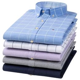 Oxford Men Fashion 100% Cotton Thin Long Sleeve Casual Slim Solid Color Plaid Print Stripe Formal Dress Shirt Plus 7XL 6XL 240112