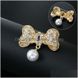 Elegant Gold Color Rhinestone Brooch Bowknot Simated Pearl Lapel Pin For Women Simple Dress Coat Cardigan Wedding Jewelry Gift Drop D Dh6Xa