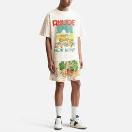 Mens T-shirts Rhude Shirs New Money Windowsill t Shirt Landscape Print High Street Cotton and Loose Short-sleeved T-shirt Top 129