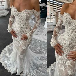 Wesoły Wspaniałe sukienki syreny suknia ślubna długie rękawy koronkowe aplikacje Perły z koraliki z ramion na zamówienie plażowy kraj plus size vestido de novia