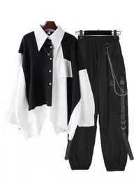 Women Streetwear Two-piece Suit Splice Chain Long SleeveRibbon Chain Pants Harajuku Cargo Pants 2 Piece Sets Womens Outfits 240112