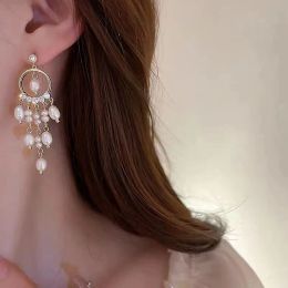 New Fashion Trend Unique Design Elegant Delicate Long Pearl Tassel 14k Yellow Gold Earrings Women High Jewellery Birthday Party Gifts Wholesale