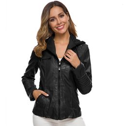 Gothic Faux Leather Jacket Women Coat Hoodies Winter Autumn Motorcycle Jacket Black Outerwear Leather PU Basic Jacket Coat 240112