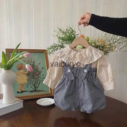 Clothing Sets Baby Girls Clothes Peter Pan Collar Shirt And Plaid Overall 2 Pcs Infant Girl Clothing Set H240508
