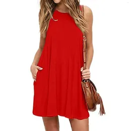 Casual Dresses Women Summer T Shirt Beach Cover Up Plain Pleated Tank Dress