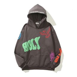 Harajuku Retro Letter Foam Graffiti Fleece Mens and Womens Hooded Sweatshirts Oversized Casual Pullover Loose Hoodies 240112