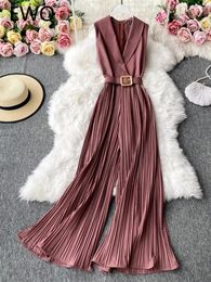 EWQ French Stylish Solid Notched Back Zip Jumpsuits Women OL Pleated Belt Wide Leg Pants Jumpsuit Summer SN0277 240112