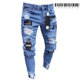 White Embroidery Skinny Ripped Jeans Men Cotton Stretchy Slim Fit Hip Hop Denim Pants Casual for Jogging Trousers 240113