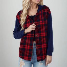 Women's Blouses Plaid Long Sleeve Womens Spring Autumn Button Shirts Colour Block Patchwork Tops Fleece Jackets Blusa Mujer Moda 2024