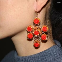 Dangle Earrings European And American Exaggerated Baroque Colourful Gem Bohemian Ethnic Style Red Flower Tassel Ear Jewellery Female