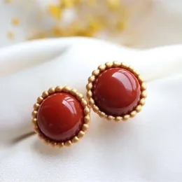 Stud Earrings Original Unique Craft Ancient Method Gold Inlaid Round Chalcedony Chinese Style Personality Ladies Silver Jewellery