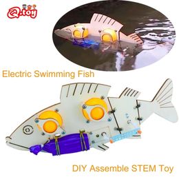 Wooden STEM Toys Puzzle Electric Swimming Fish DIY Kit Assemble Technology Educational Science Experiment Machnical Model 240112