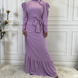 Ethnic Clothing Muslim Modest Dress Women High Neck Long Maxi Abaya Dubai Turkey Kaftan Belted Jalabiya Islamic Eid Ramadan Robe