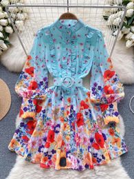 Casual Dresses Autumn Pink Ruffles Boho Short Dress Sexy Button Shirt Women Spring Blue Floral Print Pleated Party Mini French
