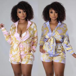 Women's Tracksuits Cross Border European And American Casual Rich Colour Printed Single Breasted Shirt Long Sleeve Shorts Two Piece Set