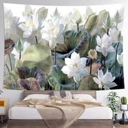 Tapestries Summer Lotus Flower Tapestry Abstract Watercolour Floral Print Living Room Bedroom Wall Hanging For Home Decoration