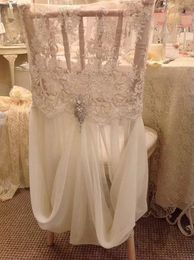 Covers 2015 Feminine Ivory Lace Crystal Beads Hand Made Romantic Chiffon Ruffles Chair Sash Chair Covers Wedding Decorations Wedding Acce