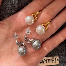 Fashion Silver Color Gray White Pearl Pendant Earrings Women's Light Luxury Niche High-End Charm Trendy Jewelry