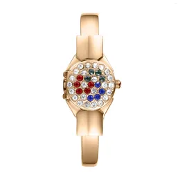 Wristwatches Women's Bracelet Gold Watch Fashion Sparkle Set With Red Blue Gemstone Machine Stretch Open Valentine's Day Gift