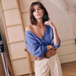 Women Autumn Wool Blended Sexy Deep V-Neck Backless Reversible Knitted Sweater 240113