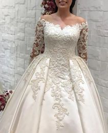White Wedding Dresses Ivory Bridal Gowns A Line Floor-Length Applique Beaded Custom Zipper Lace Up Plus Size New O-Neck Long Sleeve Satin Illusion