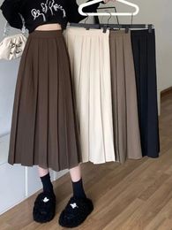 HOUZHOU Long Pleated Skirt Women Vintage Korean Fashion Solid High Waist Aline Midi School Girl Elegant Casual Autumn 240112