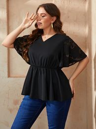 Plus Size V Neck Women Blouse See Through Short Ruffle Sleeves Top Shirts Solid Color Loose Casual Elegant Tee Summer Clothing 240112